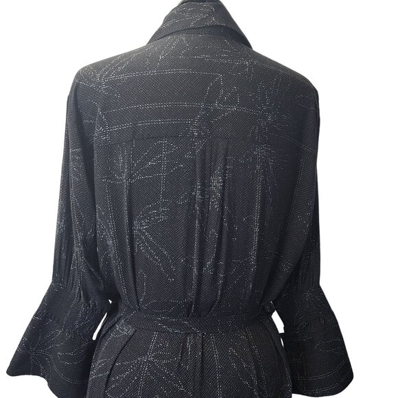 Halston Heritage Black & Silver Patterned Dress With Tie Waist & Flared Sleeves - Picture 11 of 16